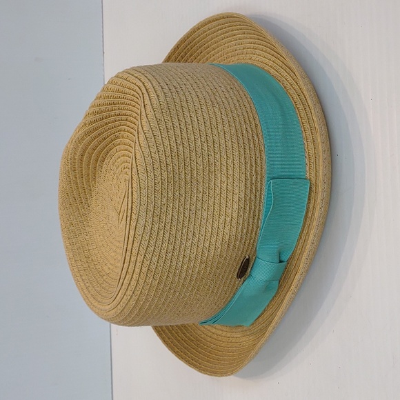 Charming Charlie Women's Tan Paper Straw Woven Fedora With Turquoise Bow Band - Picture 2 of 13